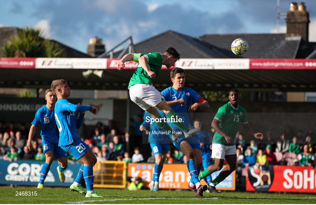 26 March 2023; Joe Hodge of Republic of Ireland has a header on goal during the Under-21 international friendly match between Republic of Ireland and Iceland at Turner's Cross in Cork. Photo by Michael P Ryan/Sportsfile