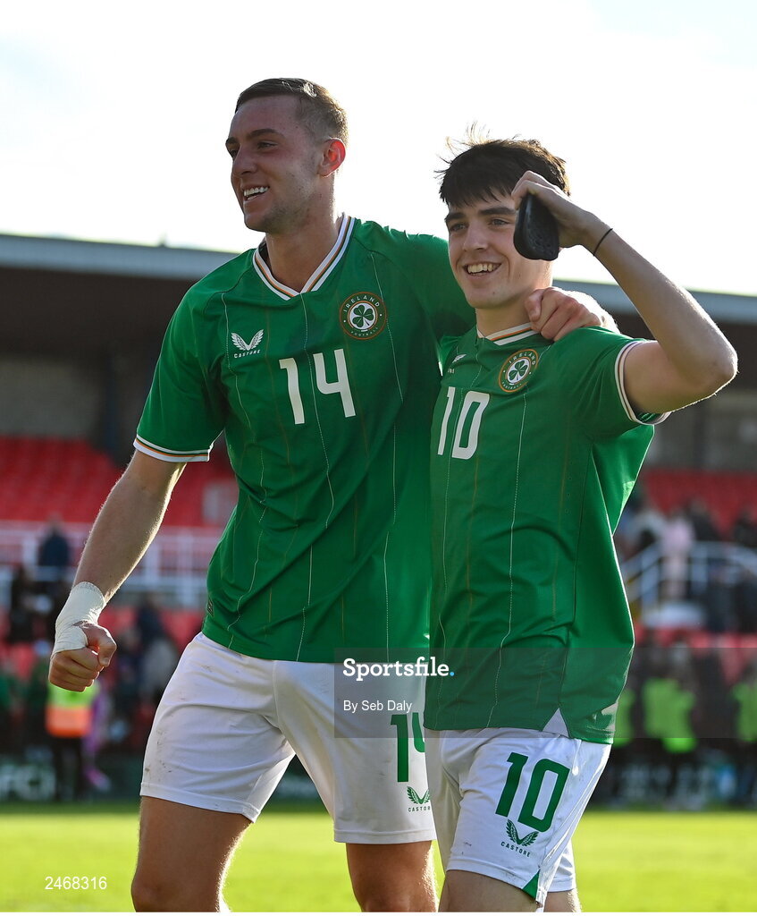26 March 2023; Killian Phillips, left, and Andrew Moran of Republic of Ireland after their side's victory in the Under-21 international friendly match between Republic of Ireland and Iceland at Turners Cross in Cork. Photo by Seb Daly/Sportsfile