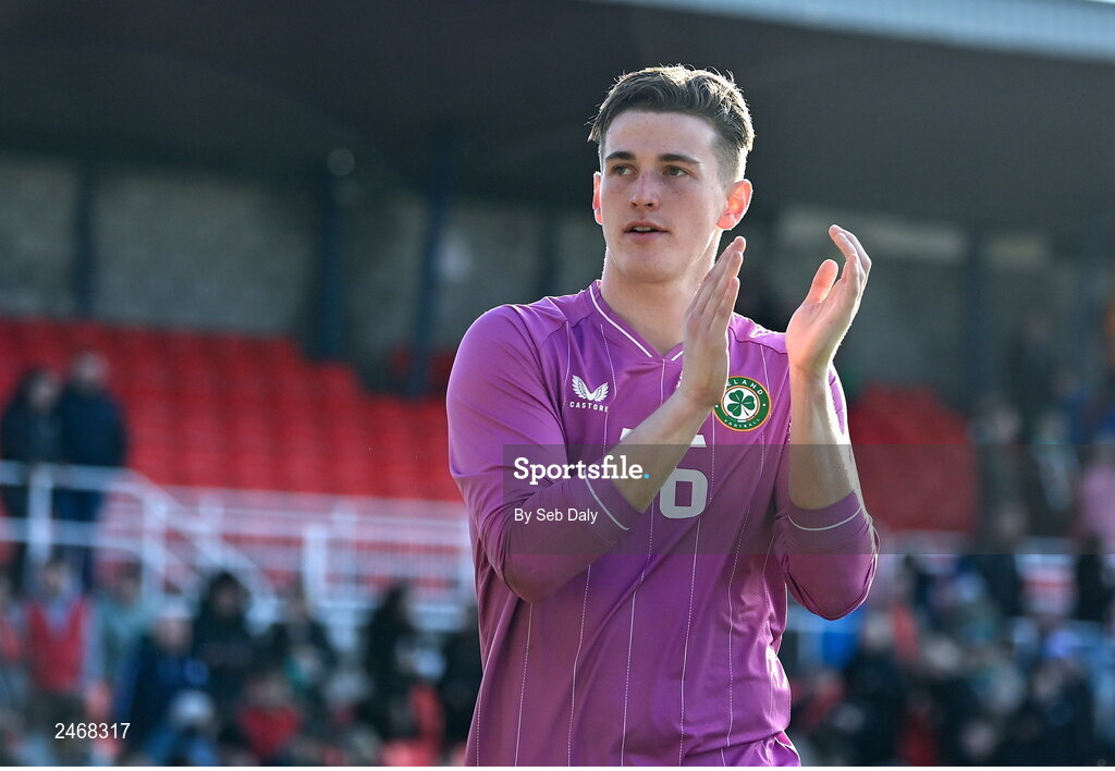 26 March 2023; Republic of Ireland goalkeeper Tiernan Brooks after their side's victory in the Under-21 international friendly match between Republic of Ireland and Iceland at Turners Cross in Cork. Photo by Seb Daly/Sportsfile