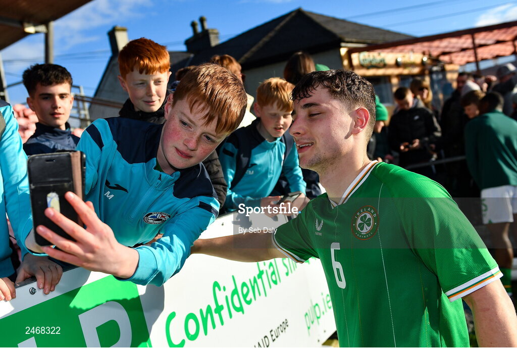 26 March 2023; Joe Hodge of Republic of Ireland with supporters after the Under-21 international friendly match between Republic of Ireland and Iceland at Turners Cross in Cork. Photo by Seb Daly/Sportsfile