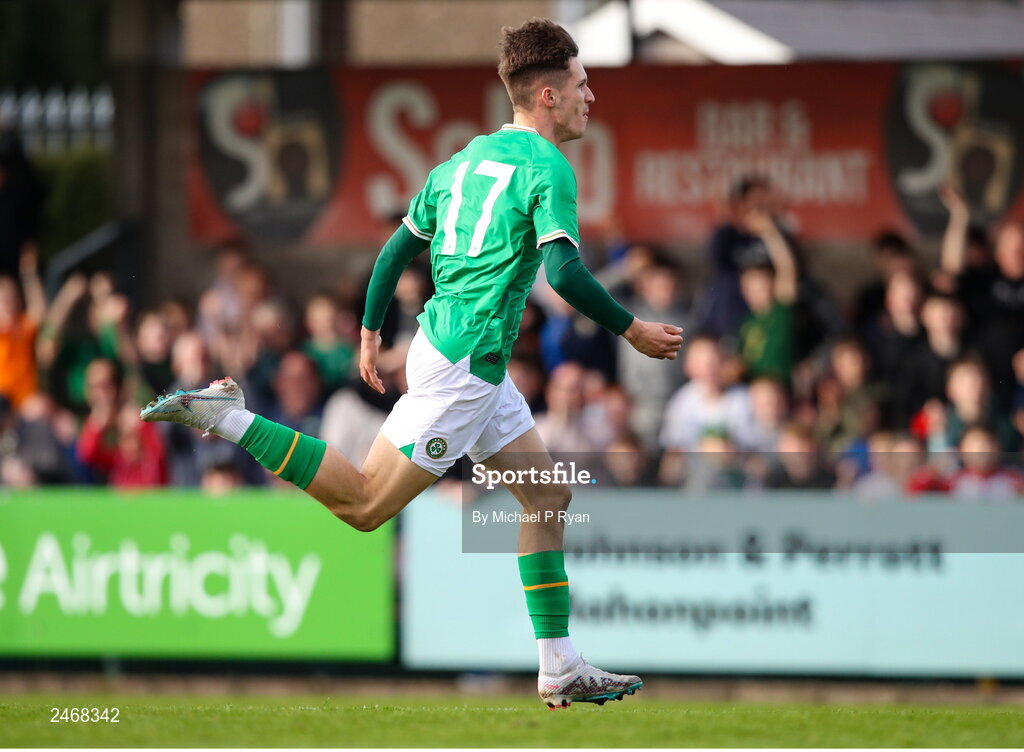 26 March 2023; Johnny Kenny of Republic of Ireland celebrates after scoring his side's second goal during the Under-21 international friendly match between Republic of Ireland and Iceland at Turner's Cross in Cork. Photo by Michael P Ryan/Sportsfile