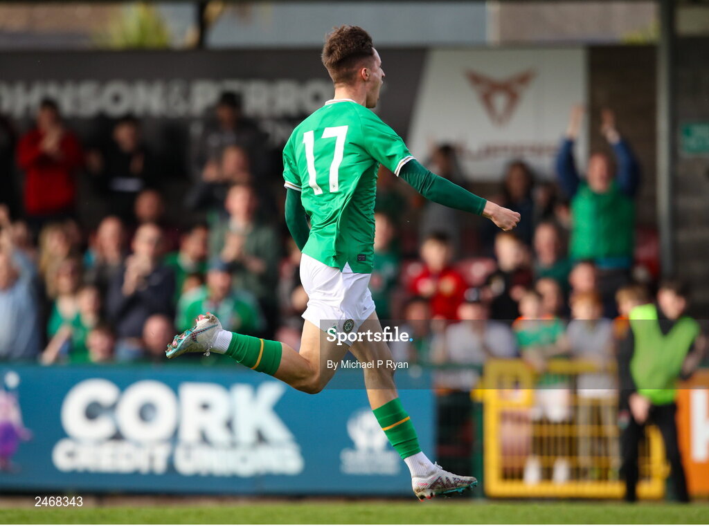26 March 2023; Johnny Kenny of Republic of Ireland celebrates after scoring his side's second goal during the Under-21 international friendly match between Republic of Ireland and Iceland at Turner's Cross in Cork. Photo by Michael P Ryan/Sportsfile