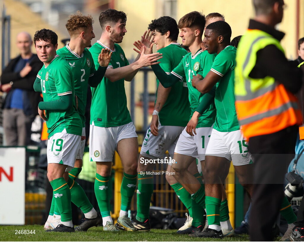 26 March 2023; Johnny Kenny of Republic of Ireland, second from right, celebrates after scoring his side's second goal with teammates during the Under-21 international friendly match between Republic of Ireland and Iceland at Turner's Cross in Cork. Photo by Michael P Ryan/Sportsfile