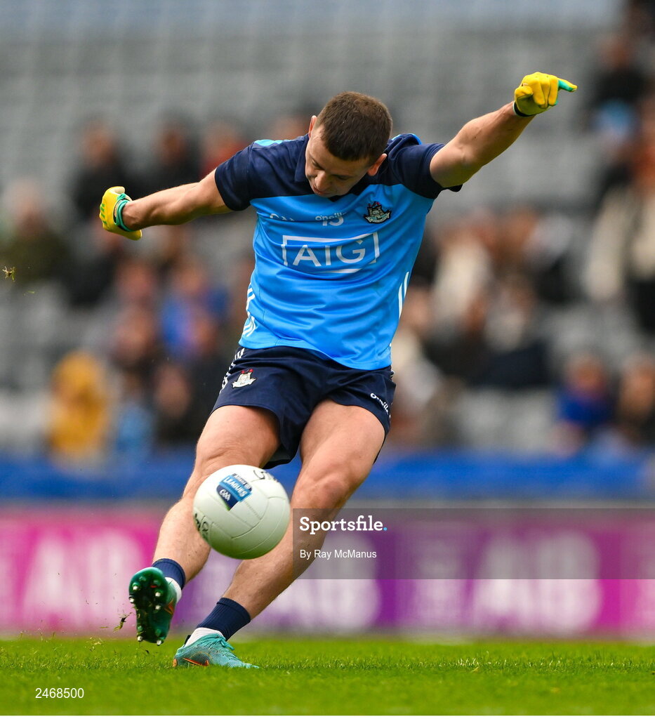 26 March 2023; Cormac Costello of Dublin, kicks a free, during the Allianz Football League Division 2 match between Dublin and Louth at Croke Park in Dublin. Photo by Ray McManus/Sportsfile
