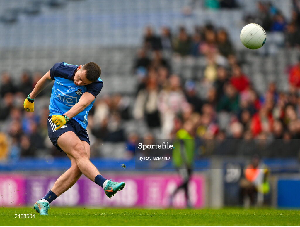 26 March 2023; Cormac Costello of Dublin, kicks a free, during the Allianz Football League Division 2 match between Dublin and Louth at Croke Park in Dublin. Photo by Ray McManus/Sportsfile