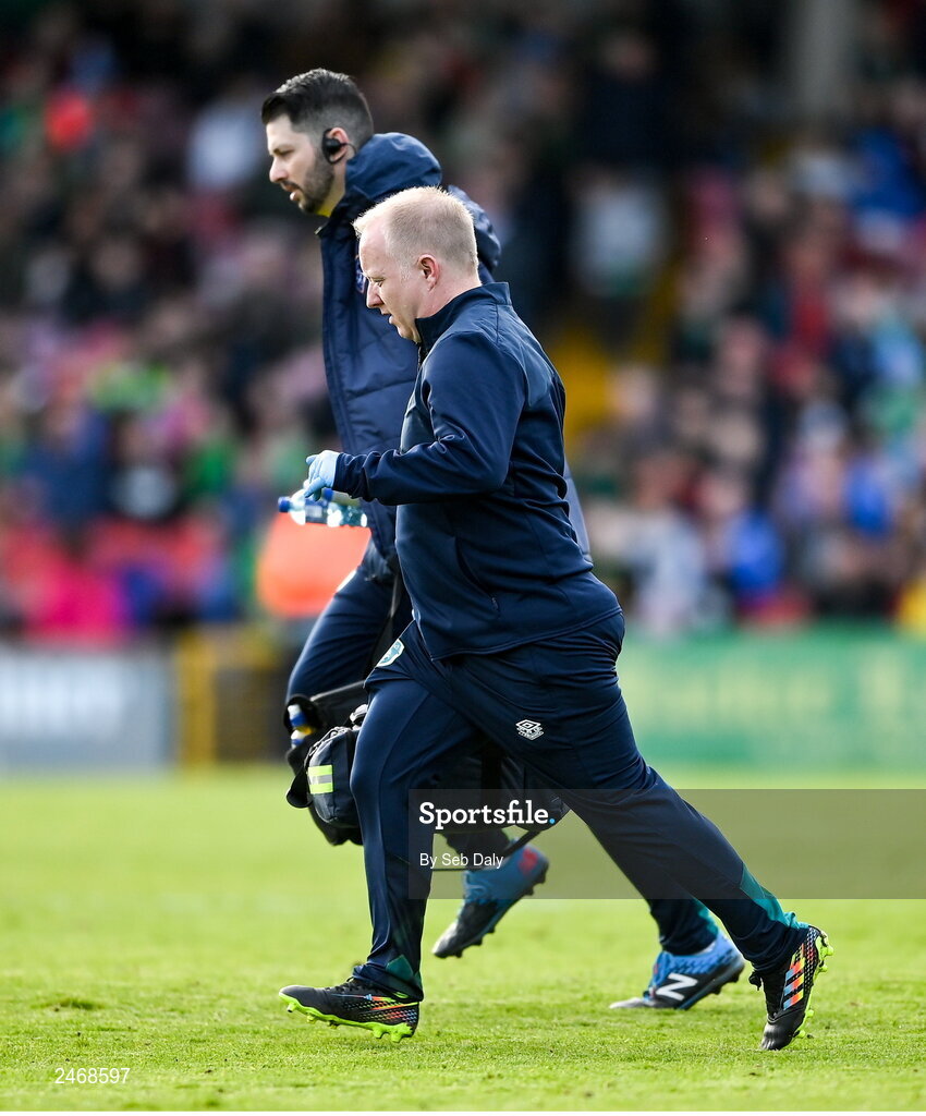 26 March 2023; Republic of Ireland team doctor Dr Mortimer O'Connor, right, and physiotherapist Glauber Barduzzi during the Under-21 international friendly match between Republic of Ireland and Iceland at Turners Cross in Cork. Photo by Seb Daly/Sportsfile