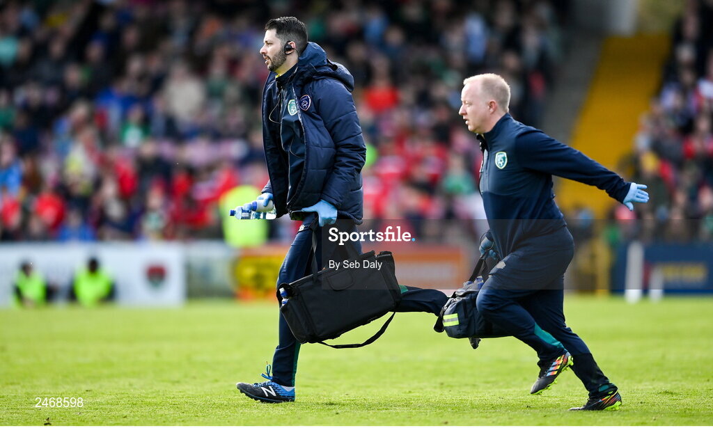 26 March 2023; Republic of Ireland physiotherapist Glauber Barduzzi, left, and team doctor Dr Mortimer O'Connor during the Under-21 international friendly match between Republic of Ireland and Iceland at Turners Cross in Cork. Photo by Seb Daly/Sportsfile