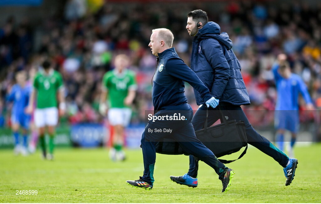 26 March 2023; Republic of Ireland team doctor Dr Mortimer O'Connor, left, and physiotherapist Glauber Barduzzi during the Under-21 international friendly match between Republic of Ireland and Iceland at Turners Cross in Cork. Photo by Seb Daly/Sportsfile