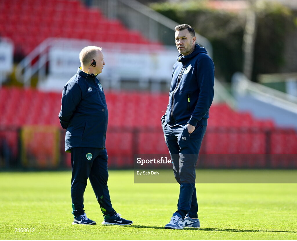 26 March 2023; Republic of Ireland team doctor Dr Mortimer O'Connor, left, and FAI National Coach Educator Richard Fitzgibbon before the Under-21 international friendly match between Republic of Ireland and Iceland at Turners Cross in Cork. Photo by Seb Daly/Sportsfile