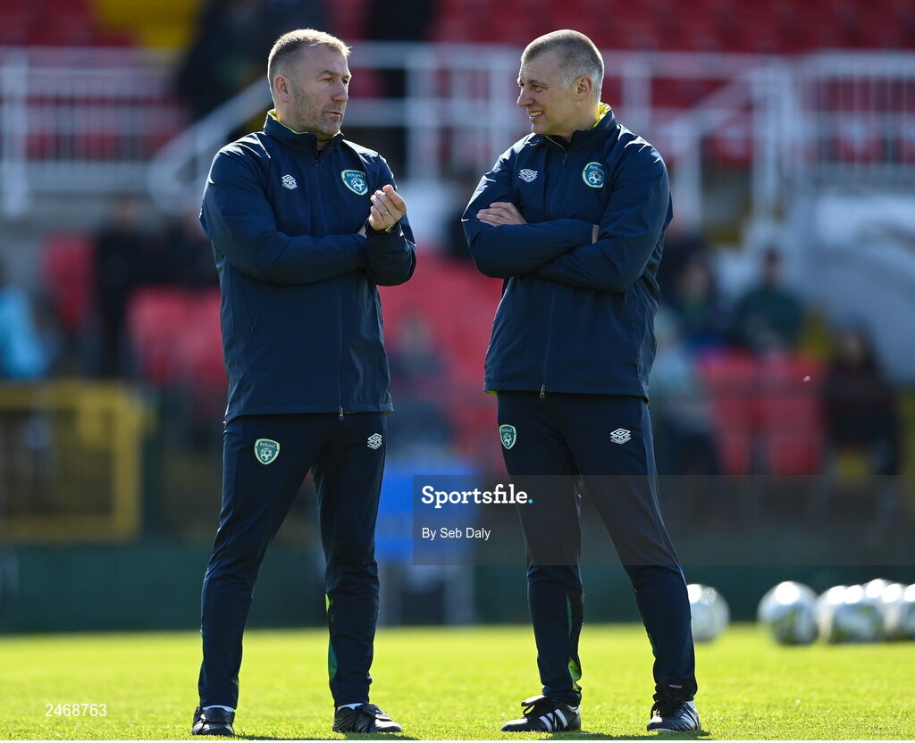 26 March 2023; Republic of Ireland assistant coaches Alan Reynolds, left, and Trevor Croly before the Under-21 international friendly match between Republic of Ireland and Iceland at Turners Cross in Cork. Photo by Seb Daly/Sportsfile