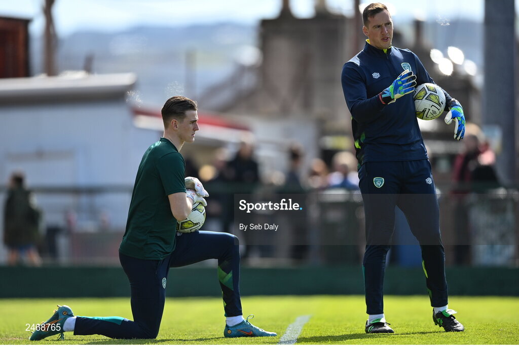 26 March 2023; Republic of Ireland goalkeeping coach Rene Gilmartin and goalkeeper Tiernan Brooks before the Under-21 international friendly match between Republic of Ireland and Iceland at Turners Cross in Cork. Photo by Seb Daly/Sportsfile