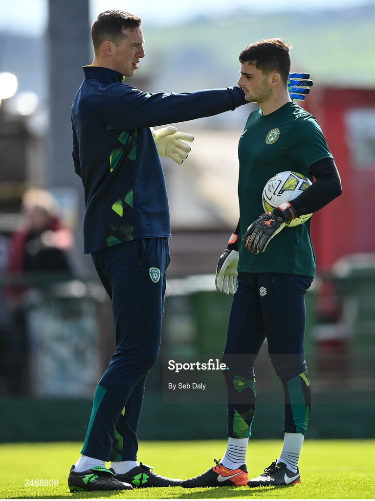 26 March 2023; Republic of Ireland goalkeeping coach Rene Gilmartin and goalkeeper Jimmy Corcoran before the Under-21 international friendly match between Republic of Ireland and Iceland at Turners Cross in Cork. Photo by Seb Daly/Sportsfile