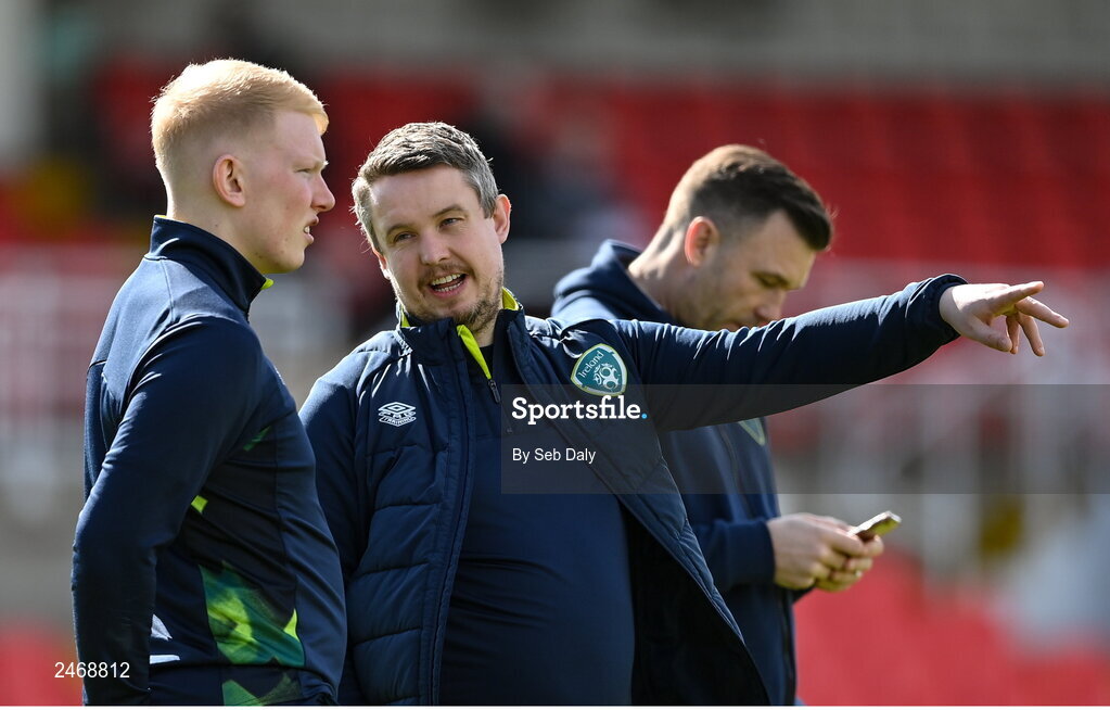 26 March 2023; Republic of Ireland operations manager Conor Ryan, right, and sports scientist Adam Fox before the Under-21 international friendly match between Republic of Ireland and Iceland at Turners Cross in Cork. Photo by Seb Daly/Sportsfile