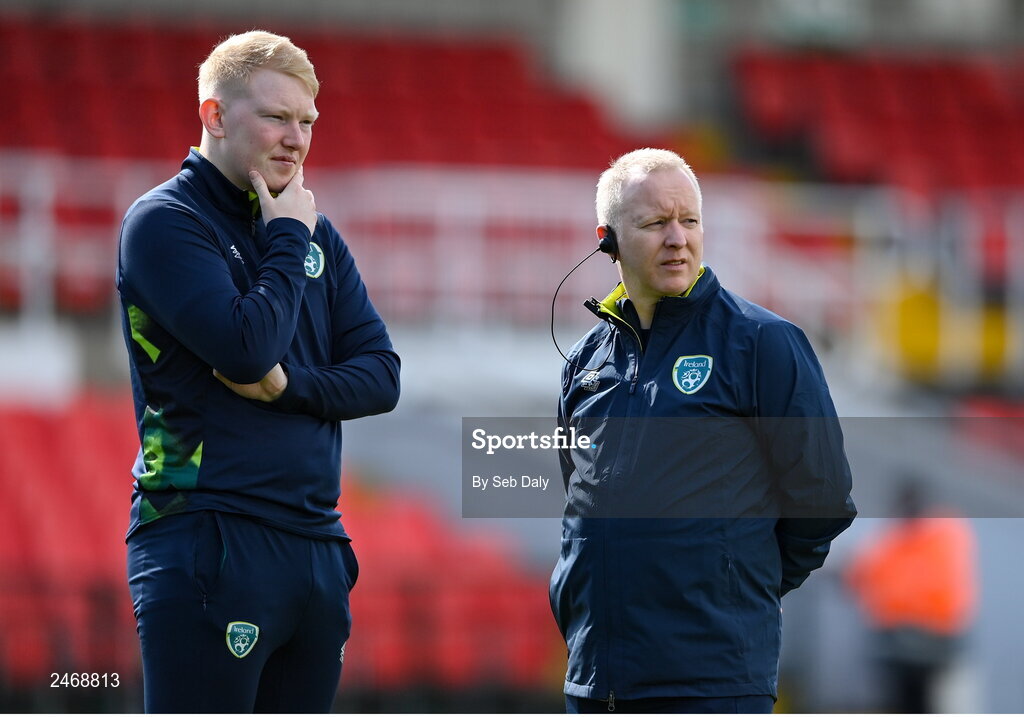 26 March 2023; Republic of Ireland sports scientist Adam Fox, left, and team doctor Dr Mortimer O'Connor before the Under-21 international friendly match between Republic of Ireland and Iceland at Turners Cross in Cork. Photo by Seb Daly/Sportsfile
