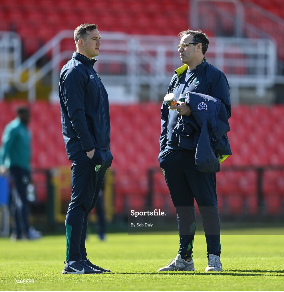 26 March 2023; Republic of Ireland goalkeeping coach Rene Gilmartin, left, and sports physiologist David Forde before the Under-21 international friendly match between Republic of Ireland and Iceland at Turners Cross in Cork. Photo by Seb Daly/Sportsfile