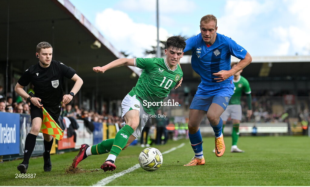26 March 2023; Andrew Moran of Republic of Ireland in action against Olafur Guomundsson of Iceland during the Under-21 international friendly match between Republic of Ireland and Iceland at Turners Cross in Cork. Photo by Seb Daly/Sportsfile