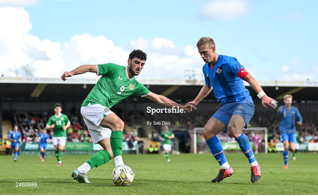 26 March 2023; Tom Cannon of Republic of Ireland in action against Robert Orri Thorkelsson of Iceland during the Under-21 international friendly match between Republic of Ireland and Iceland at Turners Cross in Cork. Photo by Seb Daly/Sportsfile