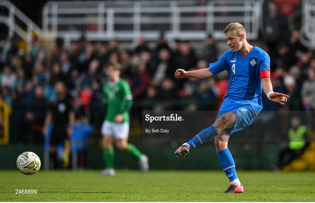 26 March 2023; Robert Orri Thorkelsson of Iceland during the Under-21 international friendly match between Republic of Ireland and Iceland at Turners Cross in Cork. Photo by Seb Daly/Sportsfile