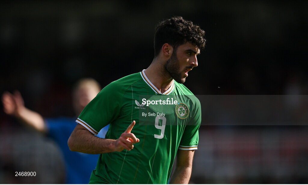 26 March 2023; Tom Cannon of Republic of Ireland celebrates after scoring his side's first goal during the Under-21 international friendly match between Republic of Ireland and Iceland at Turners Cross in Cork. Photo by Seb Daly/Sportsfile