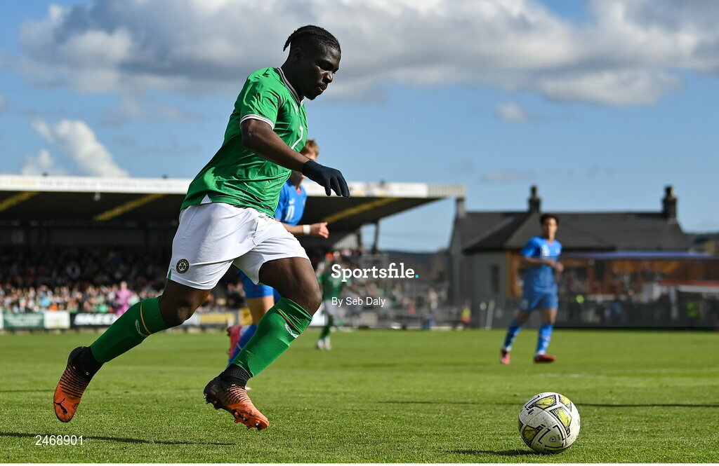 26 March 2023; Festy Ebosele of Republic of Ireland during the Under-21 international friendly match between Republic of Ireland and Iceland at Turners Cross in Cork. Photo by Seb Daly/Sportsfile