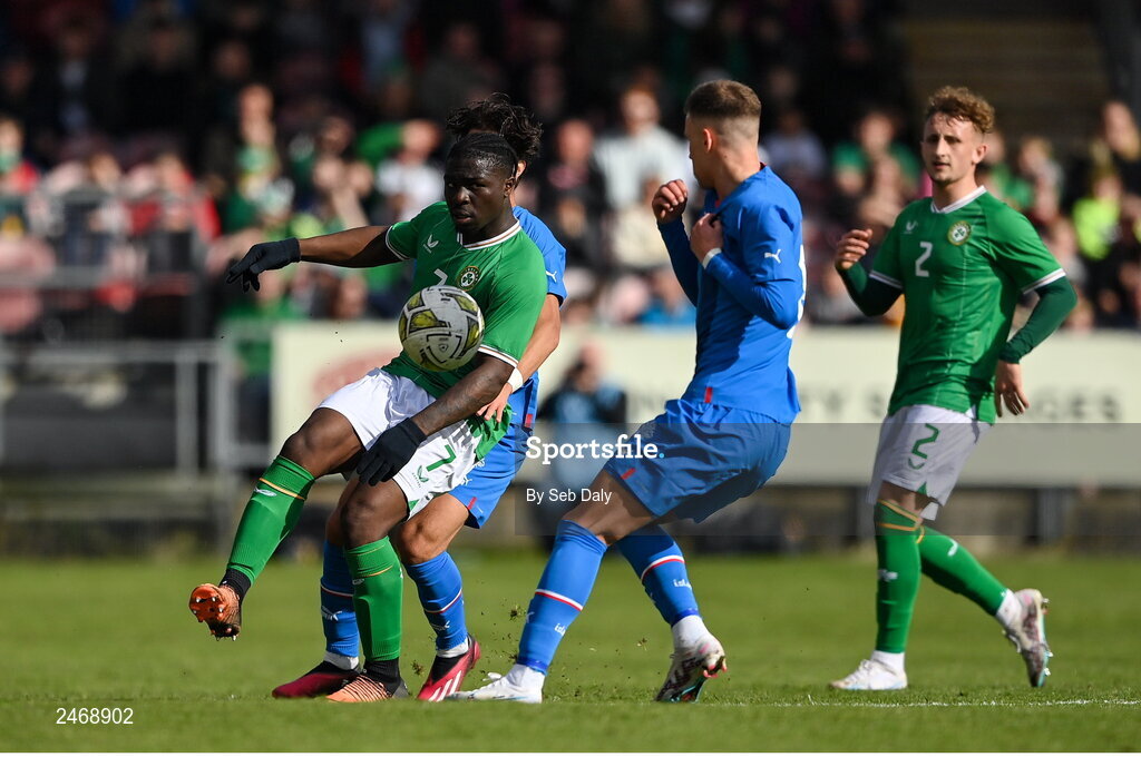 26 March 2023; Festy Ebosele of Republic of Ireland during the Under-21 international friendly match between Republic of Ireland and Iceland at Turners Cross in Cork. Photo by Seb Daly/Sportsfile