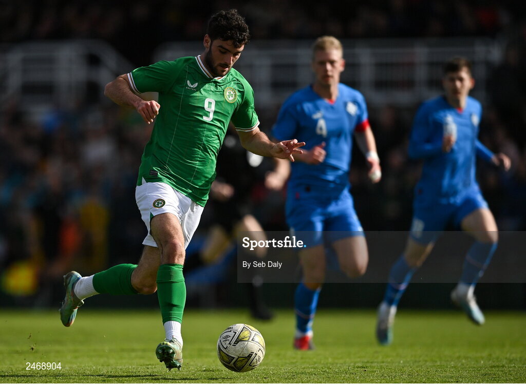 26 March 2023; Tom Cannon of Republic of Ireland during the Under-21 international friendly match between Republic of Ireland and Iceland at Turners Cross in Cork. Photo by Seb Daly/Sportsfile