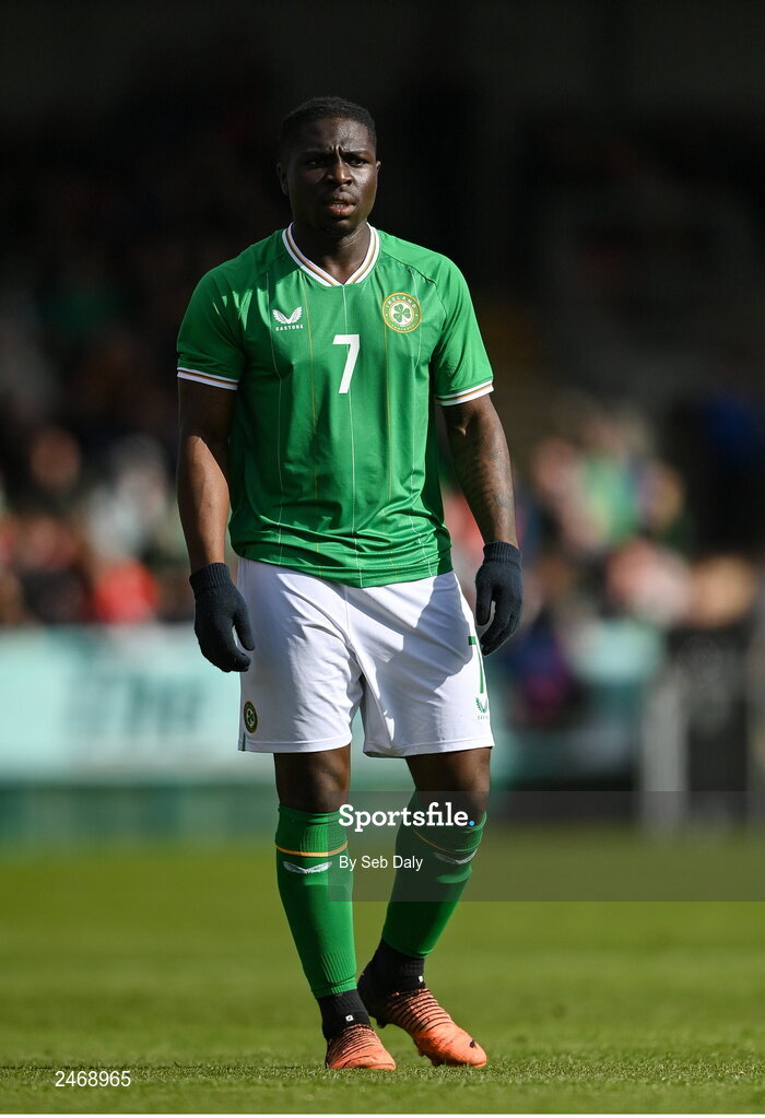 26 March 2023; Festy Ebosele of Republic of Ireland during the Under-21 international friendly match between Republic of Ireland and Iceland at Turners Cross in Cork. Photo by Seb Daly/Sportsfile