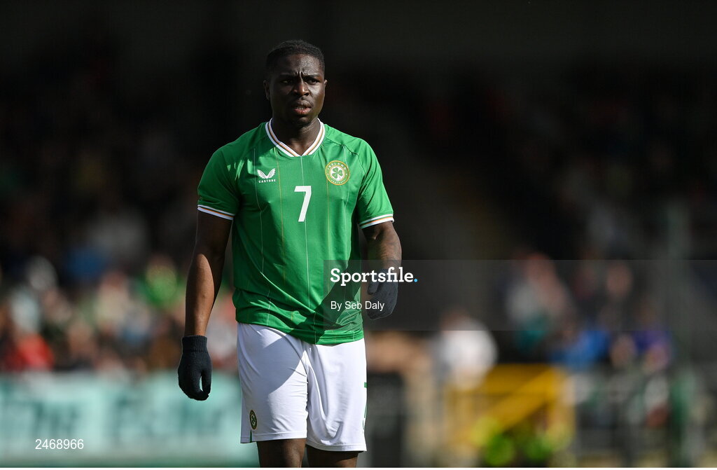 26 March 2023; Festy Ebosele of Republic of Ireland during the Under-21 international friendly match between Republic of Ireland and Iceland at Turners Cross in Cork. Photo by Seb Daly/Sportsfile