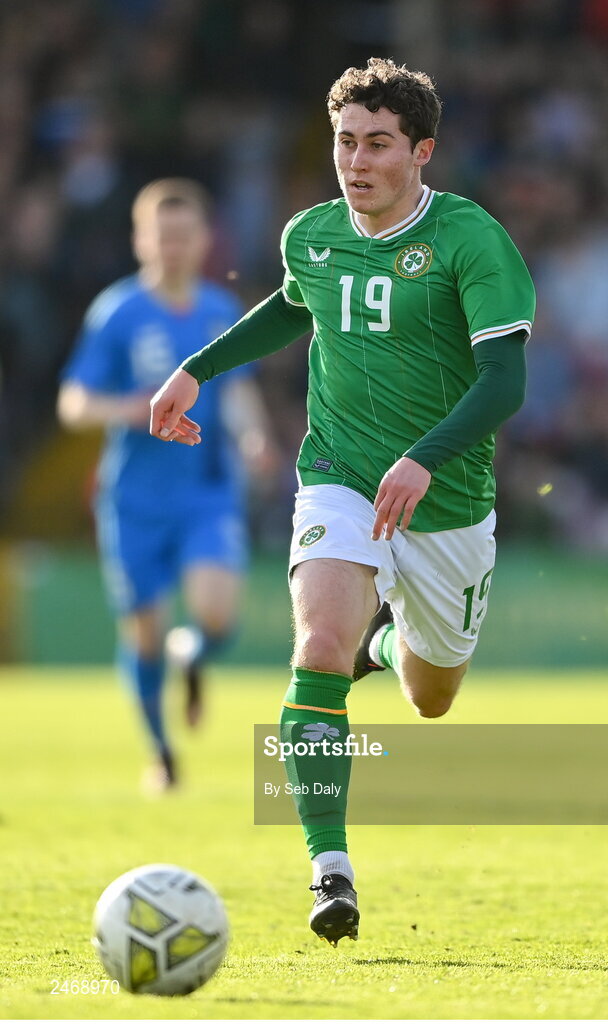 26 March 2023; Kian Leavy of Republic of Ireland during the Under-21 international friendly match between Republic of Ireland and Iceland at Turners Cross in Cork. Photo by Seb Daly/Sportsfile