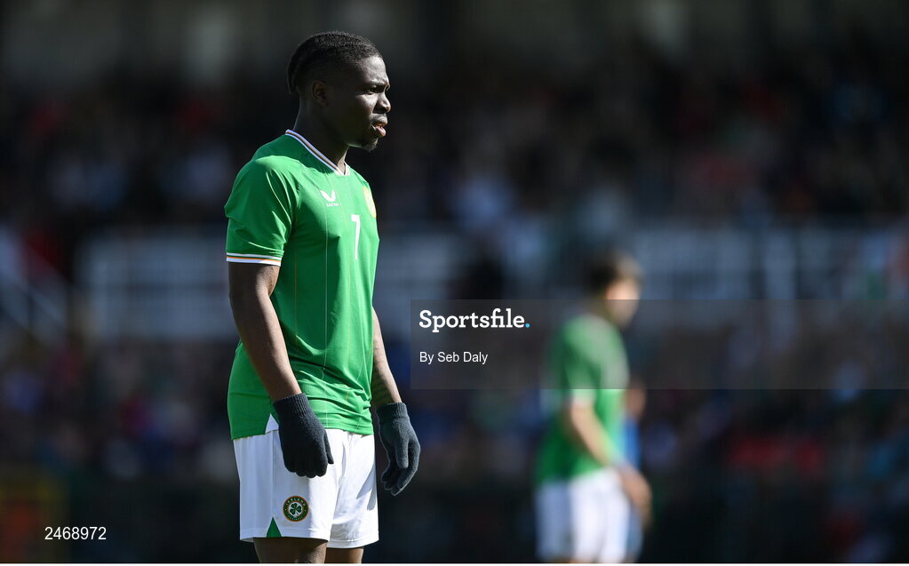 26 March 2023; Festy Ebosele of Republic of Ireland during the Under-21 international friendly match between Republic of Ireland and Iceland at Turners Cross in Cork. Photo by Seb Daly/Sportsfile