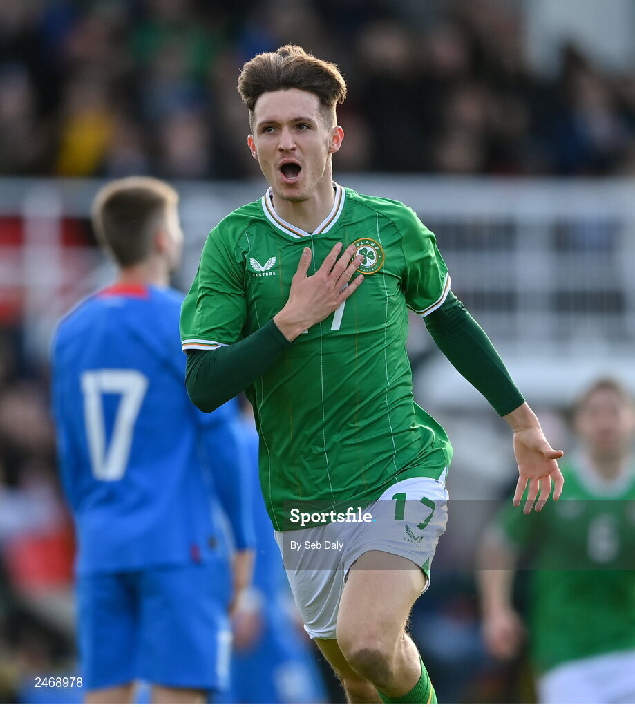26 March 2023; Johnny Kenny of Republic of Ireland celebrates after scoring his side's second goal during the Under-21 international friendly match between Republic of Ireland and Iceland at Turners Cross in Cork. Photo by Seb Daly/Sportsfile