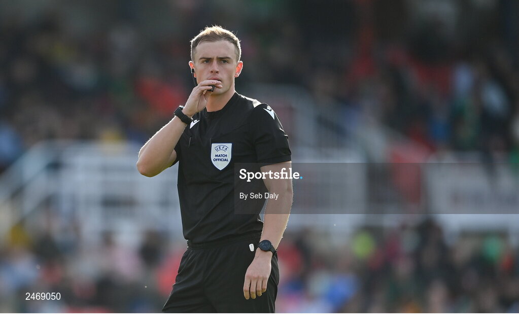 26 March 2023; Referee Jamie Robinson during the Under-21 international friendly match between Republic of Ireland and Iceland at Turners Cross in Cork. Photo by Seb Daly/Sportsfile
