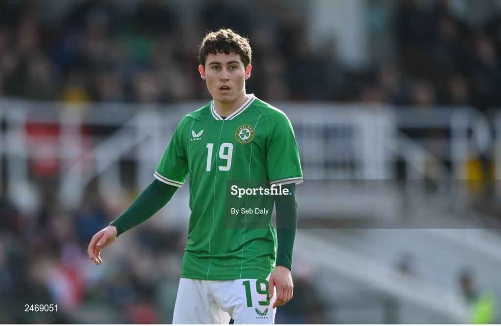 26 March 2023; Kian Leavy of Republic of Ireland during the Under-21 international friendly match between Republic of Ireland and Iceland at Turners Cross in Cork. Photo by Seb Daly/Sportsfile