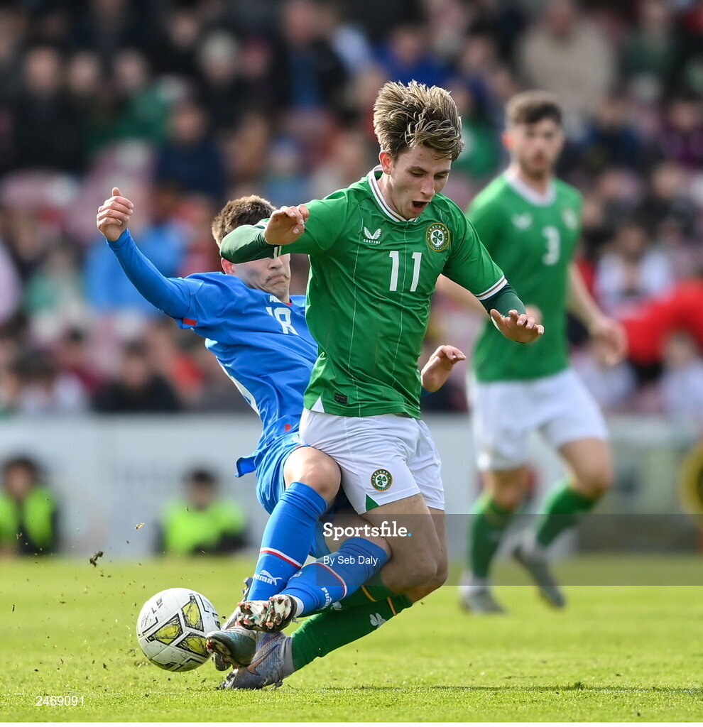 26 March 2023; Ollie O’Neill of Republic of Ireland in action against Andri Hoti of Iceland during the Under-21 international friendly match between Republic of Ireland and Iceland at Turners Cross in Cork. Photo by Seb Daly/Sportsfile