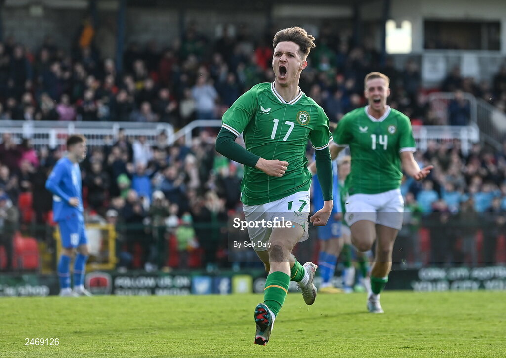 26 March 2023; Johnny Kenny of Republic of Ireland celebrates after scoring his side's second goal during the Under-21 international friendly match between Republic of Ireland and Iceland at Turners Cross in Cork. Photo by Seb Daly/Sportsfile