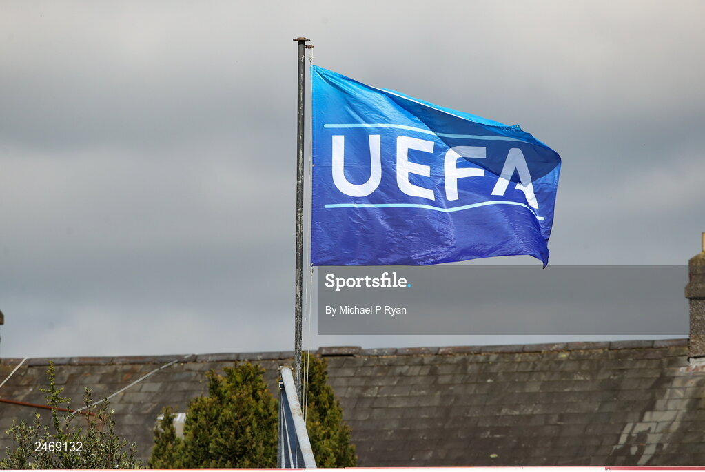 26 March 2023; A UEFA flag is seen during the Under-21 international friendly match between Republic of Ireland and Iceland at Turner's Cross in Cork. Photo by Michael P Ryan/Sportsfile