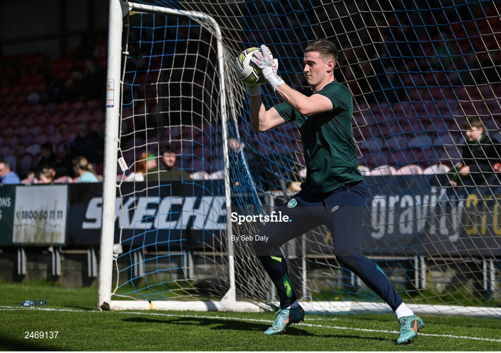26 March 2023; Republic of Ireland goalkeeper Tiernan Brooks before the Under-21 international friendly match between Republic of Ireland and Iceland at Turners Cross in Cork. Photo by Seb Daly/Sportsfile