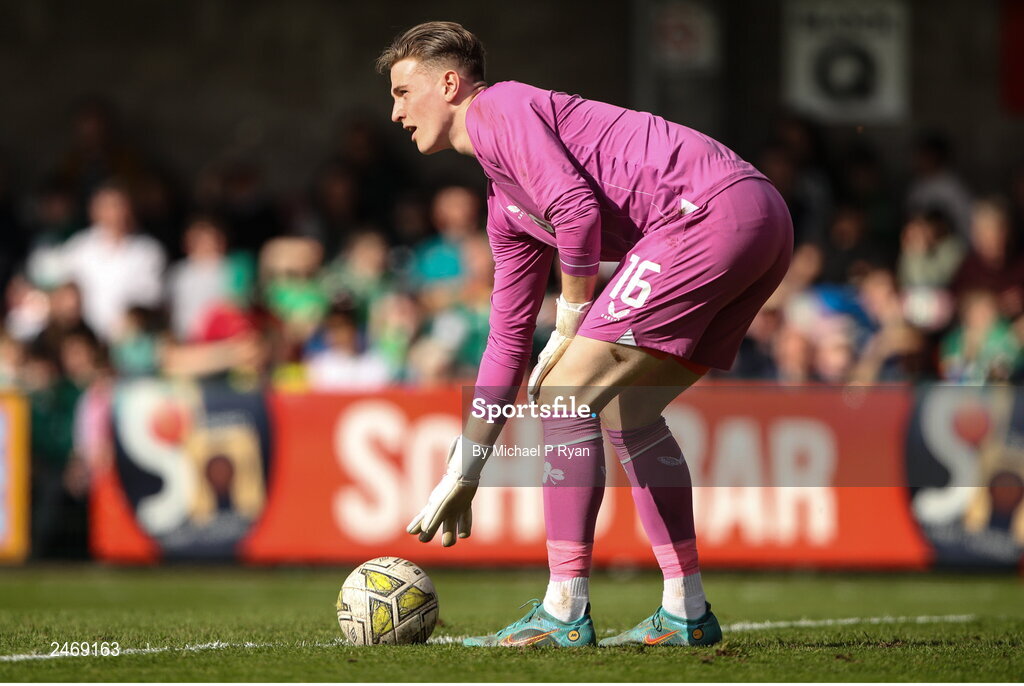 26 March 2023; Republic of Ireland goalkeeper Tiernan Brooks during the Under-21 international friendly match between Republic of Ireland and Iceland at Turner's Cross in Cork. Photo by Michael P Ryan/Sportsfile