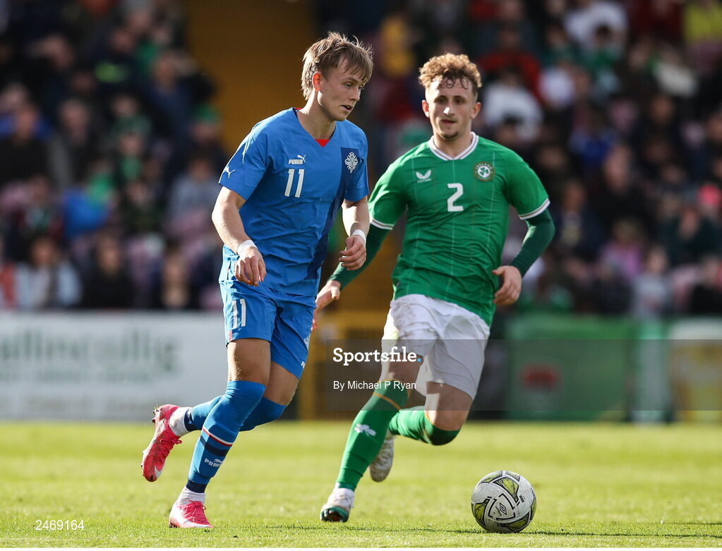 26 March 2023; Isak Andri Sigurgeirsson of Iceland in action against Sam Curtis of Republic of Ireland during the Under-21 international friendly match between Republic of Ireland and Iceland at Turner's Cross in Cork. Photo by Michael P Ryan/Sportsfile
