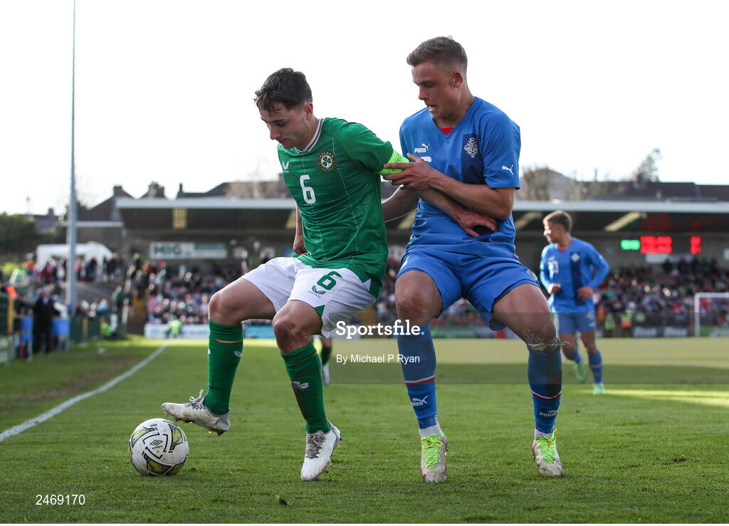 26 March 2023; Joe Hodge of Republic of Ireland in action against Kristofer Jonsson of Iceland during the Under-21 international friendly match between Republic of Ireland and Iceland at Turner's Cross in Cork. Photo by Michael P Ryan/Sportsfile