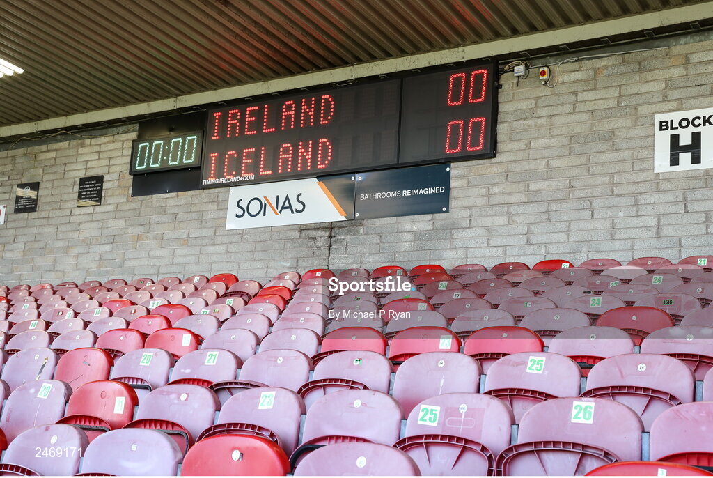 26 March 2023; A general view of the scoreboard before the Under-21 international friendly match between Republic of Ireland and Iceland at Turner's Cross in Cork. Photo by Michael P Ryan/Sportsfile