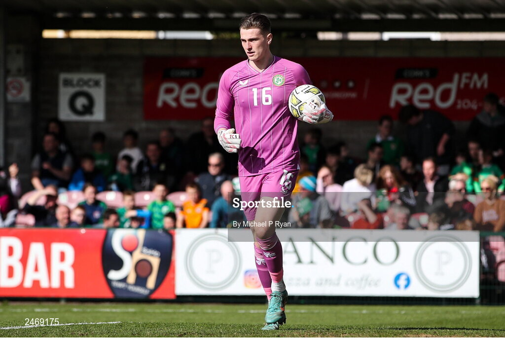 26 March 2023; Republic of Ireland goalkeeper Tiernan Brooks during the Under-21 international friendly match between Republic of Ireland and Iceland at Turner's Cross in Cork. Photo by Michael P Ryan/Sportsfile