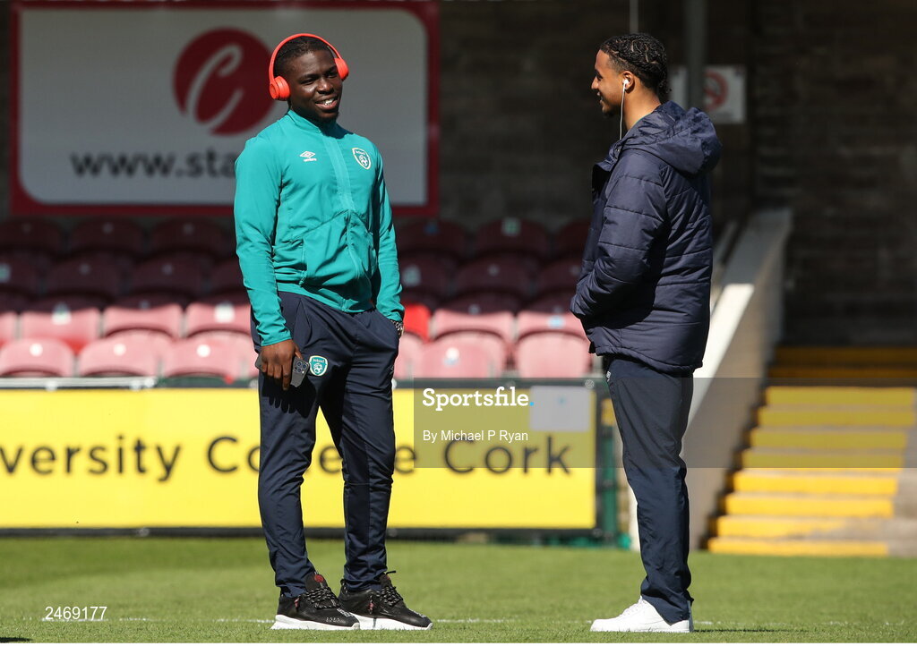 26 March 2023; Republic of Ireland players Festy Ebosele, Left and Armstrong Oko-Flex before the Under-21 international friendly match between Republic of Ireland and Iceland at Turner's Cross in Cork. Photo by Michael P Ryan/Sportsfile