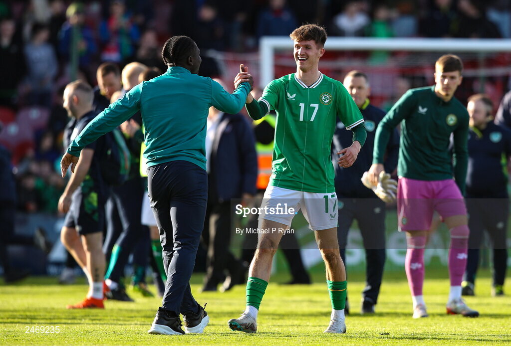 26 March 2023; Republic of Ireland players Festy Ebosele, left and Johnny Kenny after the Under-21 international friendly match between Republic of Ireland and Iceland at Turner's Cross in Cork. Photo by Michael P Ryan/Sportsfile