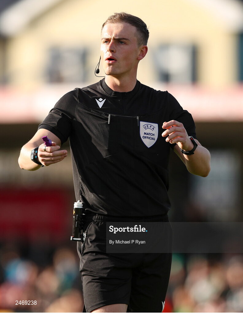 26 March 2023; Referee Jamie Robinson during the Under-21 international friendly match between Republic of Ireland and Iceland at Turner's Cross in Cork. Photo by Michael P Ryan/Sportsfile