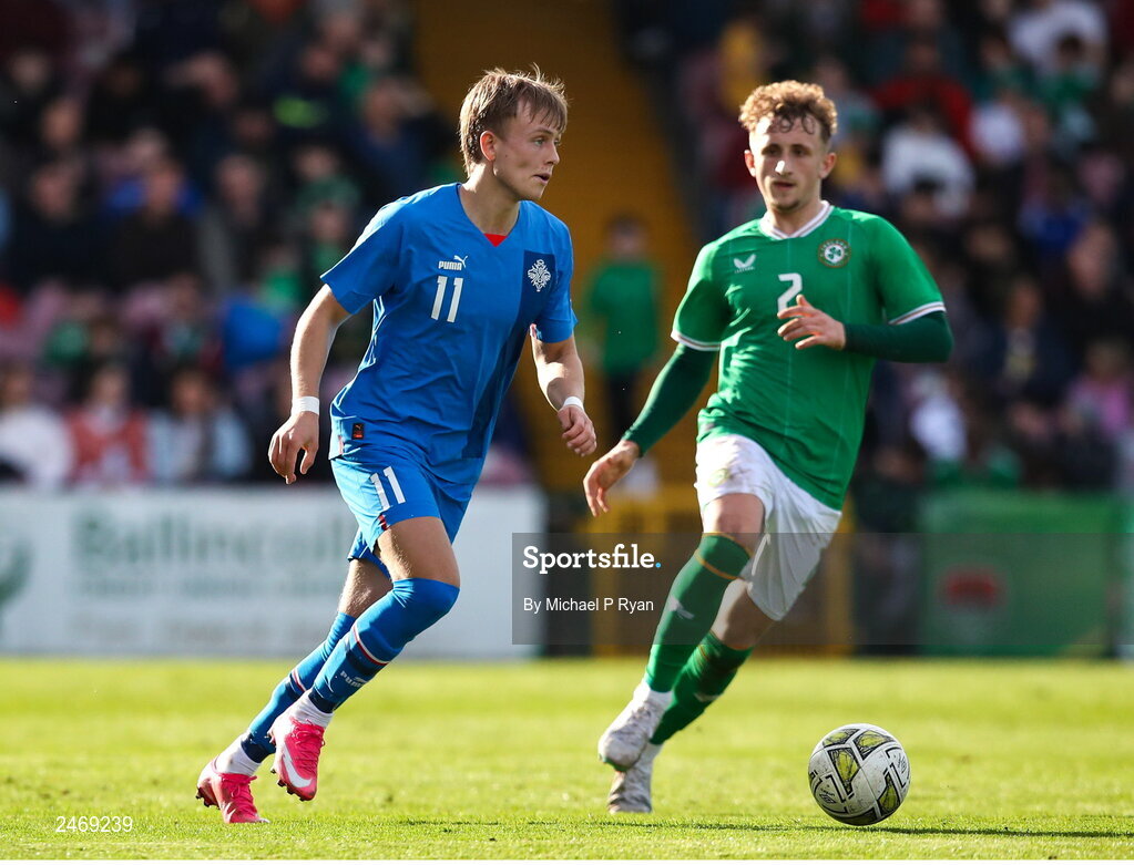 26 March 2023; Isak Andri Sigurgeirsson of Iceland in action against Sam Curtis of Republic of Ireland during the Under-21 international friendly match between Republic of Ireland and Iceland at Turner's Cross in Cork. Photo by Michael P Ryan/Sportsfile