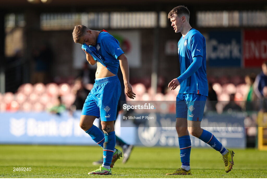 26 March 2023; Iceland players Anton Logi Luoviksson, left, and Jakob Franz Palsson after the Under-21 international friendly match between Republic of Ireland and Iceland at Turner's Cross in Cork. Photo by Michael P Ryan/Sportsfile