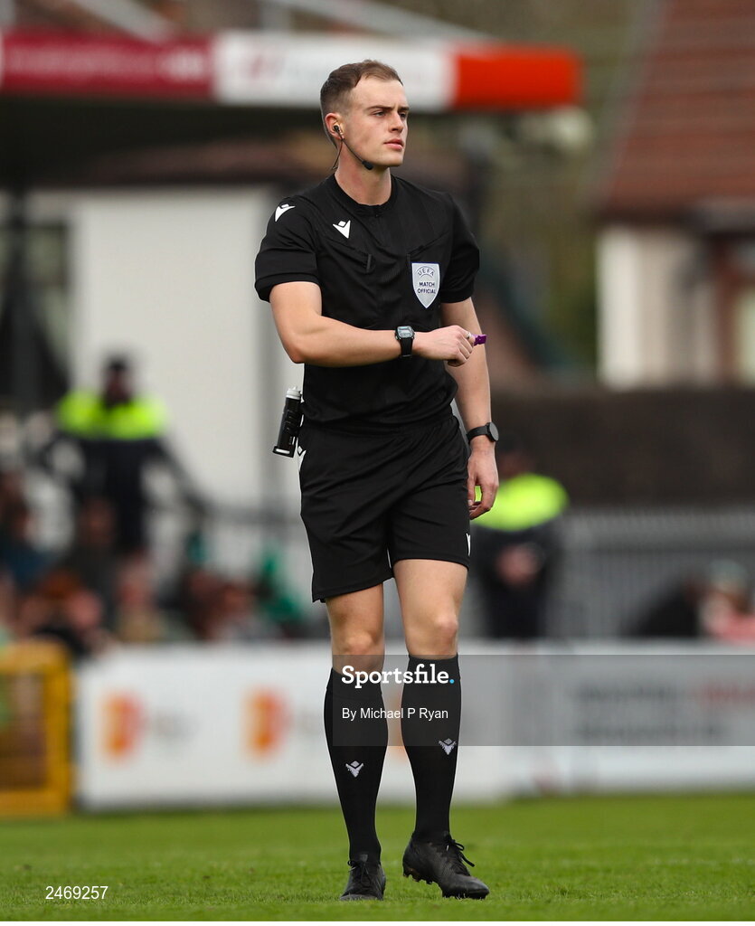 26 March 2023; Referee Jamie Robinson during the Under-21 international friendly match between Republic of Ireland and Iceland at Turner's Cross in Cork. Photo by Michael P Ryan/Sportsfile