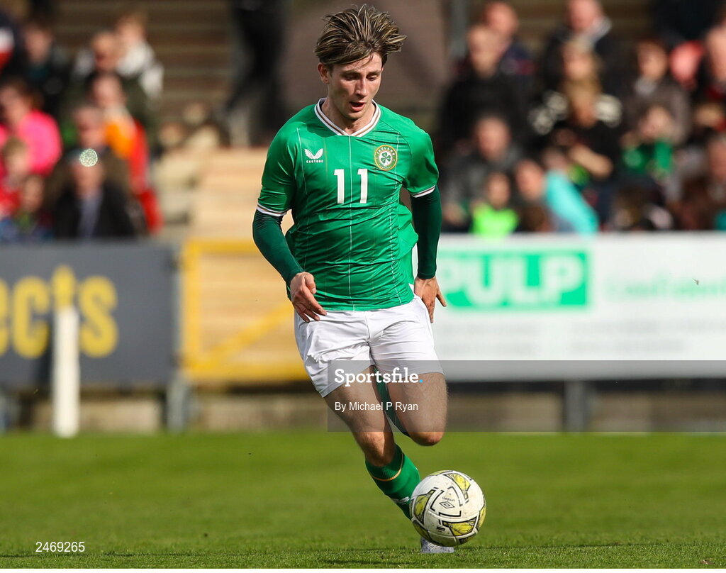 26 March 2023; Ollie O’Neill of Republic of Ireland during the Under-21 international friendly match between Republic of Ireland and Iceland at Turner's Cross in Cork. Photo by Michael P Ryan/Sportsfile