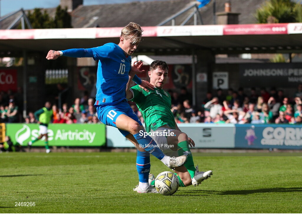26 March 2023; Kristall Mani Ingason of Iceland in action against Joe Hodge of Republic of Ireland during the Under-21 international friendly match between Republic of Ireland and Iceland at Turner's Cross in Cork. Photo by Michael P Ryan/Sportsfile